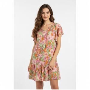 Rachel Zoe Pastel Floral Boho Mini Dress Large Pink Green Flowy Peasant Spring